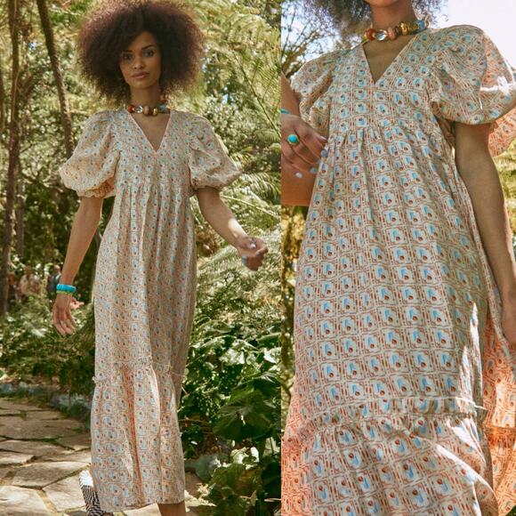 Hunter Bell‎ Dress Palmer Floral Tulip Puff Sleeve White...